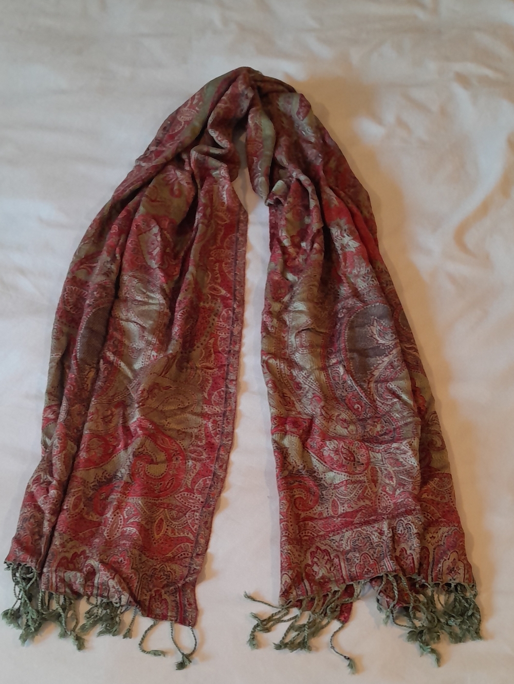 Red & Sage Green Paisley Pashmina Blanket Scarf with Fringe